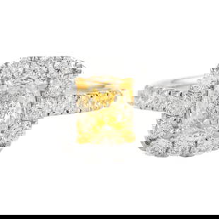 GIA 1.01ct Cushion Cut Fancy Yellow VS2 Diamond Halo Ring 18k White Gold: GIA 1.01ct Cushion Cut Fancy Yellow VS2 Diamond Halo Ring 18k White Gold This exquisite ring features a stunning 1.01 carat cushion cut Fancy Yellow VS2 diamond, GIA graded, set in an elegant halo des