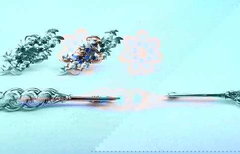 14K Yellow Gold Jewelry Set Earrings Brooch Diamonds Opal Sapphires Pearls: 14K Yellow Gold Jewelry Set Earrings Brooch Diamonds Opal Sapphires Pearls Discover a stunning jewelry set featuring a pair of 14K yellow gold earrings and a matching brooch, adorned with exquisite di
