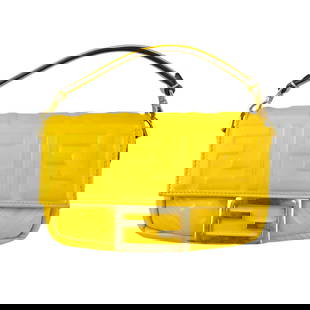 Fendi Mini Baguette Shoulder Bag Yellow Leather 8BS017 A72V: Fendi Mini Baguette Shoulder Bag Yellow Leather 8BS017 A72V This stylish Fendi mini baguette handbag is expertly crafted from high-quality leather in a vibrant yellow hue, making it a perfect accessor