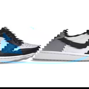Authentic Nike Jordan 1 Low Black Dark Powder Blue Sneakers: Authentic Nike Jordan 1 Low Black Dark Powder Blue Sneakers Introducing the Authentic Nike Jordan 1 Low in Black and Dark Powder Blue. This stylish sneaker features a sleek design that is perfect for