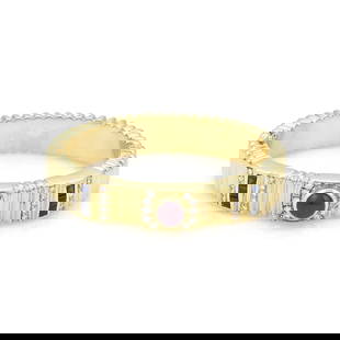 18k Yellow Gold Diamond Ruby Sapphire Bracelet with Ribbed Design: 18k Yellow Gold Diamond Ruby Sapphire Bracelet with Ribbed Design This stunning bracelet showcases the elegance of 18k yellow gold with a polished finish. At the center, a round cabochon ruby gemstone