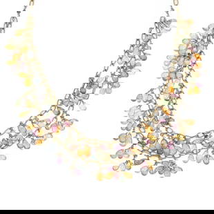 18k Yellow Gold 2 Layer 147.50ct Multicolor Sapphire Beaded Necklace: 18k Yellow Gold 2 Layer 147.50ct Multicolor Sapphire Beaded Necklace This is a gorgeous double layer cluster beaded necklace, crafted from 18k yellow gold with textured oval link chain. Across 9 inche