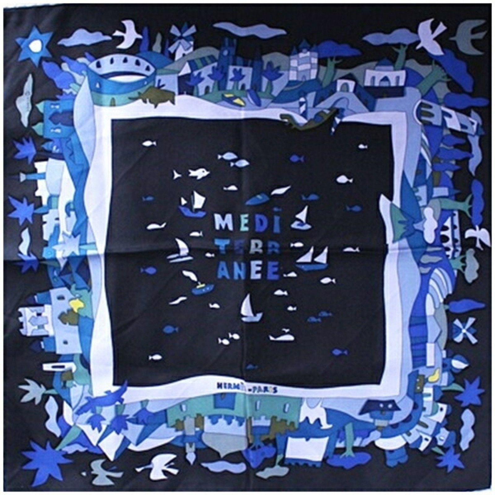 Hermes Gavroche 45 Carre Silk Scarf Mediterranean Garden Black Blue: Hermes Gavroche 45 Carre Silk Scarf Mediterranean Garden Black Blue This exquisite Hermes Silk Scarf Muffler, known as the Gavroche 45 Carre in the Mediterranean Garden design, is a versatile accessor