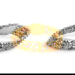 Estate 22k Gold 8 Carat Multicolor Sapphire Ruby Link Bracelet: Estate 22k Gold 8 Carat Multicolor Sapphire Ruby Link Bracelet This exquisite estate bracelet showcases a vibrant array of multicolored sapphires and rubies, expertly set in 22k yellow gold. The brace