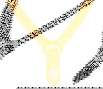 Vintage 14k Gold Pearl Enamel Crescent Tassel Pendant Necklace: Vintage 14k Gold Pearl Enamel Crescent Tassel Pendant Necklace This beautiful vintage necklace is crafted from 14k yellow gold featuring a double crescent moon buckle decorated with fine seed pearls i