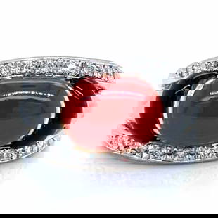 Platinum Ring with 18 Diamonds Coral and Onyx Gemstones: Platinum Ring with 18 Diamonds Coral and Onyx Gemstones This exquisite Platinum Diamond, Coral, and Onyx Ring features a stunning combination of gemstones and high-quality materials. Crafted in platin