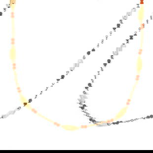 Vintage 18k Yellow Gold Coral Bead Necklace 32 Inches: Vintage 18k Yellow Gold Coral Bead Necklace 32 Inches This stunning vintage necklace showcases exquisite craftsmanship in 18k yellow gold. The design features alternating curved bar links interspersed