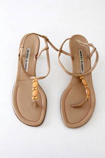 Vintage Manolo Blahnik Beige Suede Kitten Heel Sandals with Coral Beading: Vintage Manolo Blahnik Beige Suede Kitten Heel Sandals with Coral Beading Step out in style with these exquisite vintage Manolo Blahnik sandals. Crafted from soft beige suede, these sandals showcase e