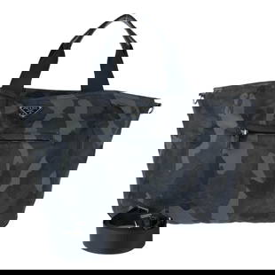 PRADA Camouflage Nylon Tote Bag Khaki Silver Hardware Men's 2-Way: PRADA Camouflage Nylon Tote Bag Khaki Silver Hardware Men's 2-Way Elevate your style with this PRADA Tessuto Camouflage Tote Bag, expertly crafted for men. Featuring a sleek khaki nylon exterior, this