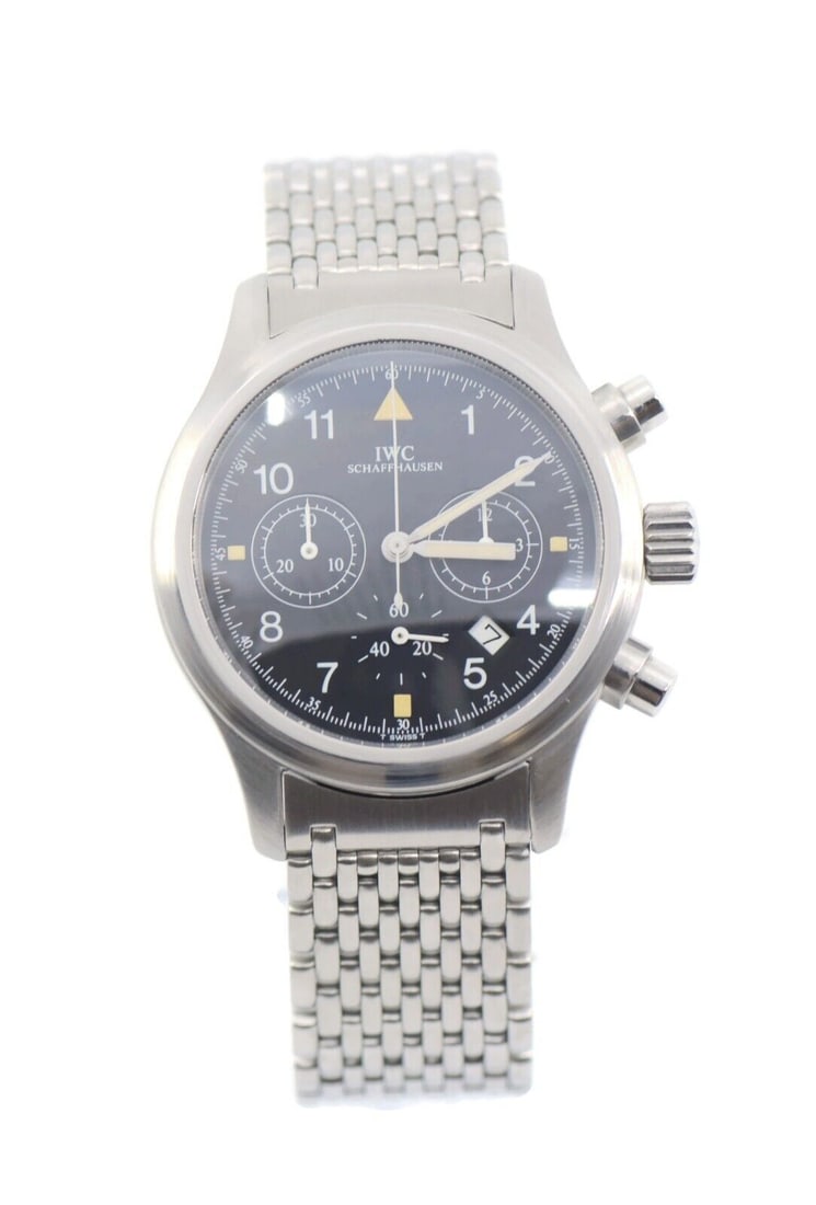 IWC Pilot Chronograph Stainless Steel Watch Ref 3741 Authentic Box Included: IWC Pilot Chronograph Stainless Steel Watch Ref 3741 Authentic Box Included This IWC Pilot Chronograph wristwatch combines precision and style. Featuring a sleek black dial and stainless steel case, t