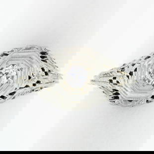 Antique Art Deco 18k White Gold .21ct Diamond Solitaire Ring: Antique Art Deco 18k White Gold .21ct Diamond Solitaire Ring This exquisite Antique Art Deco engagement ring features a stunning .21ct round diamond, beautifully set in 18k white gold. The intricate f
