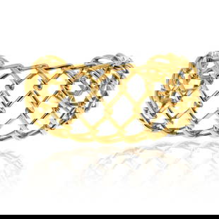 David Webb 18K Yellow Gold Openwork Cuff Bracelet: David Webb 18K Yellow Gold Openwork Cuff Bracelet This elegant David Webb 18K yellow gold weave cuff bracelet showcases a light and airy openwork design creating a striking "cage" effect. The front fe