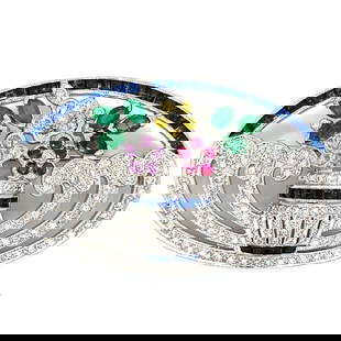 18K White Gold Brooch with Diamonds Rubies Emeralds Sapphires 2.25 inches: 18K White Gold Brooch with Diamonds Rubies Emeralds Sapphires 2.25 inches This exquisite 18K white gold brooch is adorned with a stunning array of gemstones, including 143 diamonds totaling approximat