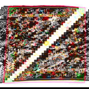 Hermes Kachinas Silk Scarf by Kermit Oliver 35x35 in 1992: Hermes Kachinas Silk Scarf by Kermit Oliver 35x35 in 1992 This exquisite Hermes Kachinas silk scarf features a striking design by Texan artist Kermit Oliver, showcasing American Indian Kachina dolls.