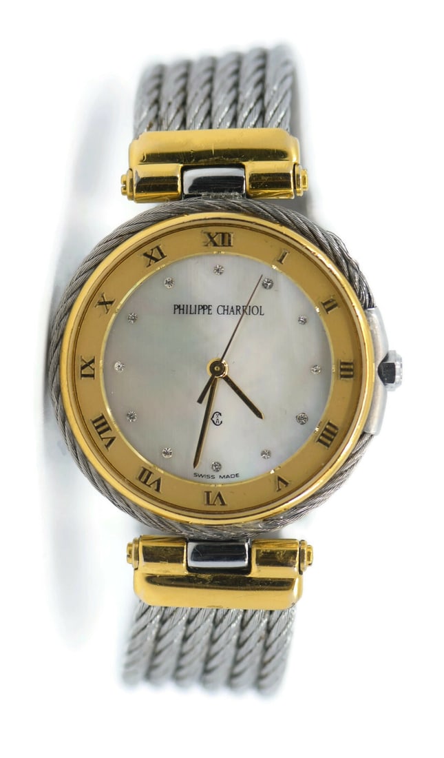 Charriol MOP Diamond 18K Gold Stainless Steel Watch Ref 34.90.840: Charriol MOP Diamond 18K Gold Stainless Steel Watch Ref 34.90.840 This exquisite Philippe Charriol wristwatch features a stunning Mother of Pearl (MOP) dial adorned with diamonds, set in a combination