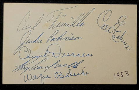 1953 Dodgers Champs Signed Index Card Roy Campanella Jackie Robinson JSA: 1953 Dodgers Champs Signed Index Card Roy Campanella Jackie Robinson JSA This is an original index card hand-signed by legendary baseball players Roy Campanella and Jackie Robinson, along with Chuck D
