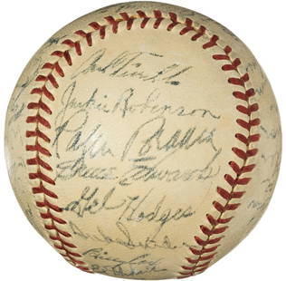 Jackie Robinson Roy Campanella Signed 1950 Dodgers Baseball PSA DNA COA: Jackie Robinson Roy Campanella Signed 1950 Dodgers Baseball PSA DNA COA This official National League baseball, featuring the signatures of twenty-seven legendary Brooklyn Dodgers players, is a prized