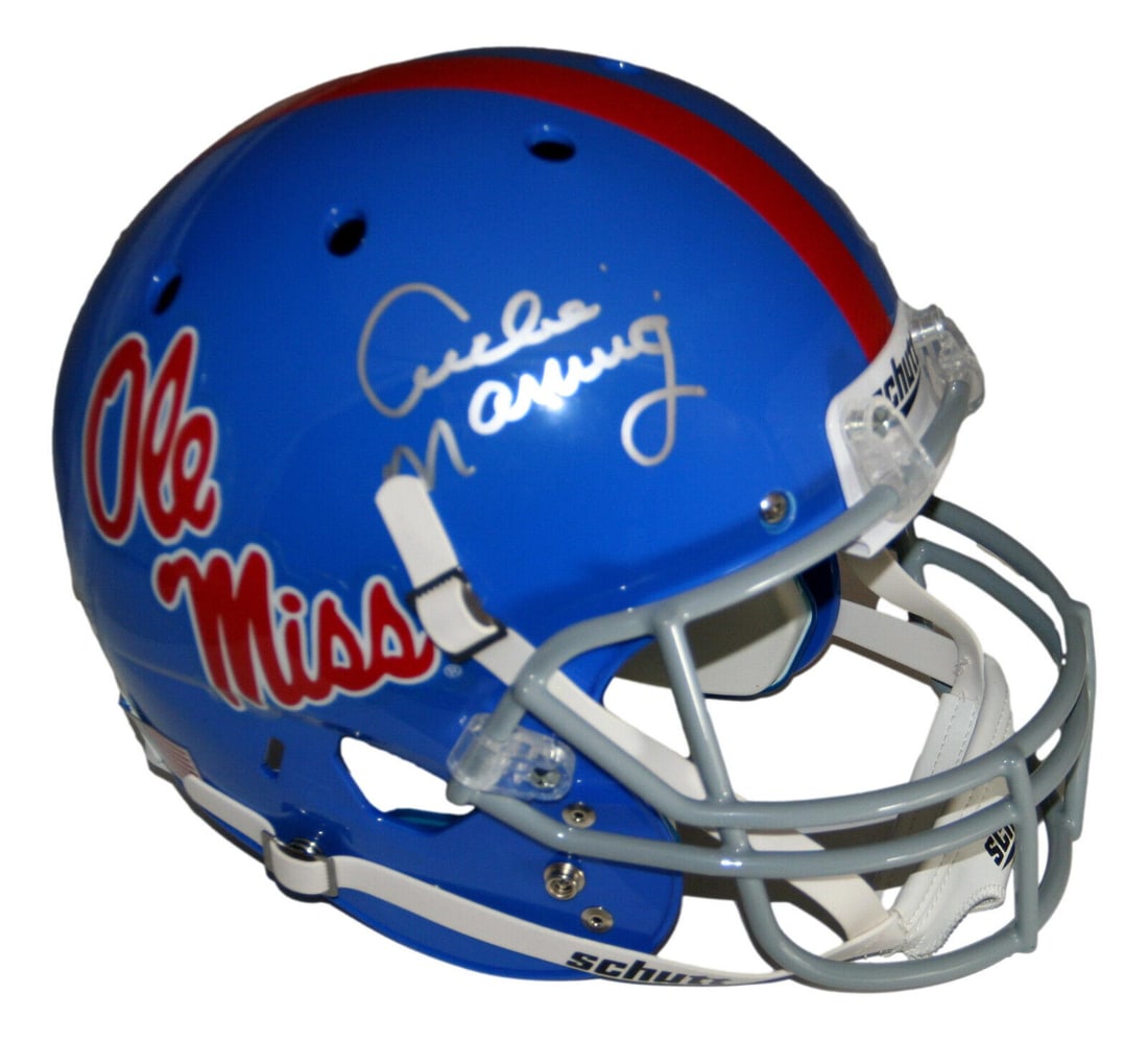 Archie Manning Signed Ole Miss Rebels Full Size Helmet JSA Authenticated: Archie Manning Signed Ole Miss Rebels Full Size Helmet JSA Authenticated This collectible football helmet is a replica full-size model featuring the iconic design of the Ole Miss Rebels. Signed by leg