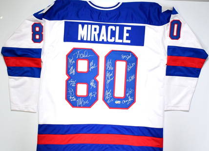 1980 Miracle On Ice Team USA Signed Jersey 19 Signatures Beckett Authenticated: 1980 Miracle On Ice Team USA Signed Jersey 19 Signatures Beckett Authenticated This authentic Team USA hockey jersey, commemorating the legendary 1980 Miracle on Ice, features 19 signatures from membe