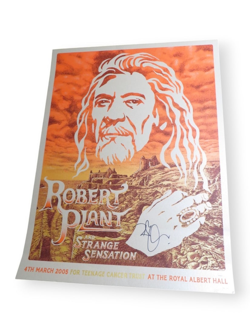 Robert Plant Autographed 18x24 Poster Led Zeppelin JSA Certified: Robert Plant Autographed 18x24 Poster Led Zeppelin JSA Certified This is an original 18" x 24" autographed poster of Robert Plant, the legendary lead vocalist of Led Zeppelin. The poster is authentica