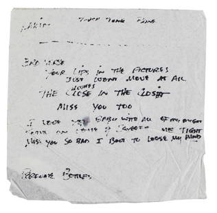 Stevie Ray Vaughan Handwritten Lyrics Napkin 4.75x5 with COA: Stevie Ray Vaughan Handwritten Lyrics Napkin 4.75x5 with COA Discover a fascinating piece of music history with this authentic 4.75x5 napkin featuring handwritten lyrics by Stevie Ray Vaughan. This or