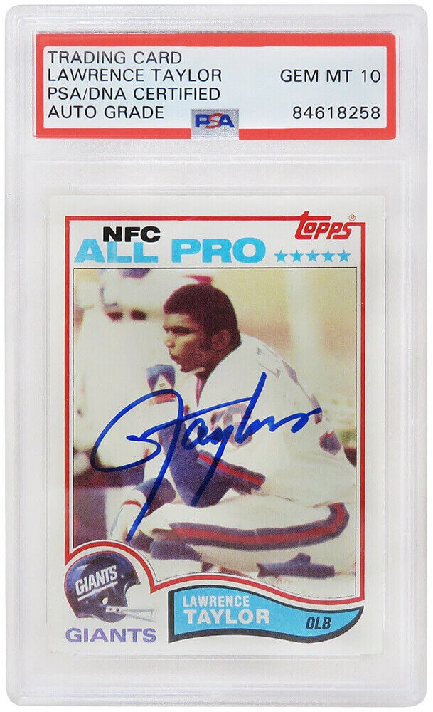 Lawrence Taylor Signed 1982 Topps RC #434 PSA Auto Grade 10 Giants: Lawrence Taylor Signed 1982 Topps RC #434 PSA Auto Grade 10 Giants This is a Lawrence Taylor autographed 1982 Topps rookie card #434 from the New York Giants. The card features a pristine GEM Mint 10 