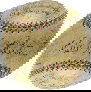 1934 New York Yankees Team Signed Baseball Babe Ruth Lou Gehrig PSA DNA COA: 1934 New York Yankees Team Signed Baseball Babe Ruth Lou Gehrig PSA DNA COA This magnificent team-signed Official American League (Harridge) ball features 24 signatures including: Babe Ruth, Lou Gehri