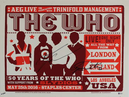 The Who Limited Edition Signed Concert Poster 19.5x23.25 Beckett COA: The Who Limited Edition Signed Concert Poster 19.5x23.25 Beckett COA Celebrate the legendary band The Who with this limited edition concert poster from their May 2016 performance. This original, autog