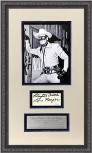 Clayton Moore Signed Cut Signature Display The Lone Ranger JSA 24 x 15: Clayton Moore Signed Cut Signature Display The Lone Ranger JSA 24 x 15 This professionally framed display features a cut signature of Clayton Moore, renowned for his iconic role as The Lone Ranger on