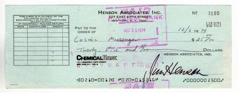 Jim Henson Autographed Bank Check JSA Authentication The Muppets: Jim Henson Autographed Bank Check JSA Authentication The Muppets This is an original bank check signed by Jim Henson, co-creator of The Muppets. The check has been authenticated by James Spence Authen