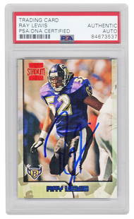 Ray Lewis Autographed 1996 Topps Stadium Club Rookie Card #351 PSA/DNA: Ray Lewis Autographed 1996 Topps Stadium Club Rookie Card #351 PSA/DNA Celebrate the legacy of Ray Lewis with this autographed 1996 Topps Stadium Club Rookie Card #351. This card features a pristine P