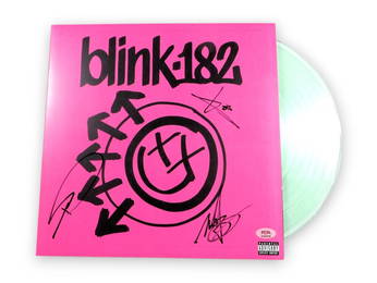 Blink 182 Signed Album Cover Travis Barker Tom DeLonge Mark Hoppus PSA