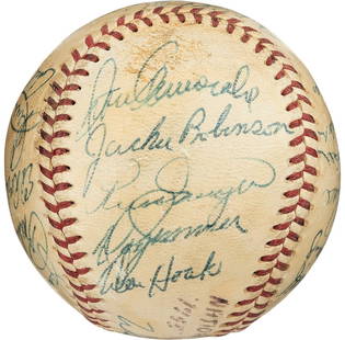 1955 Brooklyn Dodgers Team Signed Baseball by Jackie Robinson PSA/DNA: 1955 Brooklyn Dodgers Team Signed Baseball by Jackie Robinson PSA/DNA This authentic 1955 Brooklyn Dodgers World Series Champions baseball is a remarkable piece of sports history. Signed by twenty-thr
