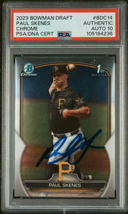 2023 Bowman Draft Paul Skenes #BDC14 PSA 10 Chrome RC Autographed Baseball Card: 2023 Bowman Draft Paul Skenes #BDC14 PSA 10 Chrome RC Autographed Baseball Card This graded 2023 Bowman Draft Paul Skenes #BDC14 Chrome rookie card is a must-have for collectors. It features a PSA 10