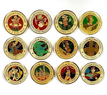 Vintage 1990 Disney 35 Years of Magic 12-Pin Set Splash Mountain Captain EO: Vintage 1990 Disney 35 Years of Magic 12-Pin Set Splash Mountain Captain EO Celebrate the magic of Disney with this vintage 1990 Disneyland 35 Years of Magic 12-Pin Set. This exclusive set features be