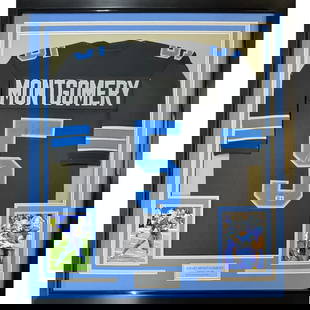 Framed Autographed David Montgomery Detroit Lions Jersey 35x39 BAS COA: Framed Autographed David Montgomery Detroit Lions Jersey 35x39 BAS COA This is a pre-owned framed autographed jersey of David Montgomery, showcasing the iconic Detroit Lions colors and design. The jer