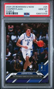 2024 Bowman U Now Cooper Flagg #25 Purple /25 RC PSA 10 Basketball Card: 2024 Bowman U Now Cooper Flagg #25 Purple /25 RC PSA 10 Basketball Card Presenting the highly collectible 2024 Bowman U Now Cooper Flagg #25 Purple /25 RC Basketball Card, graded PSA 10. This original