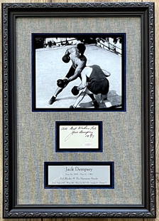 Jack Dempsey Autographed Framed Display JSA Authenticated 20 x 14: Jack Dempsey Autographed Framed Display JSA Authenticated 20 x 14 This impressive display features a cut signature of the legendary heavyweight boxing champion Jack Dempsey, who inscribed it with "All