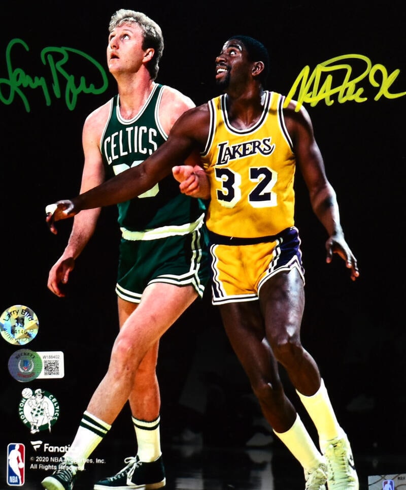 Larry Bird Magic Johnson Signed 8x10 Photo Beckett Authenticated: Larry Bird Magic Johnson Signed 8x10 Photo Beckett Authenticated This captivating 8x10 spotlight photo features basketball legends Larry Bird and Magic Johnson, both of whom have signed this remarkabl