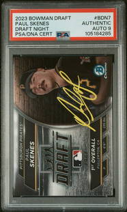 2023 Topps Bowman Draft Paul Skenes Autographed Card PSA 9: 2023 Topps Bowman Draft Paul Skenes Autographed Card PSA 9 This is a graded 2023 Topps Bowman Draft baseball card featuring Paul Skenes, rated with a PSA grade of 9. The card is autographed and authen