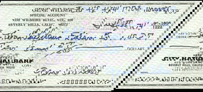 Gene Wilder Signed Bank Check Autographed JSA Willy Wonka: Gene Wilder Signed Bank Check Autographed JSA Willy Wonka This is an original bank check signed by the legendary actor Gene Wilder, best known for his iconic role as Willy Wonka. The check comes with