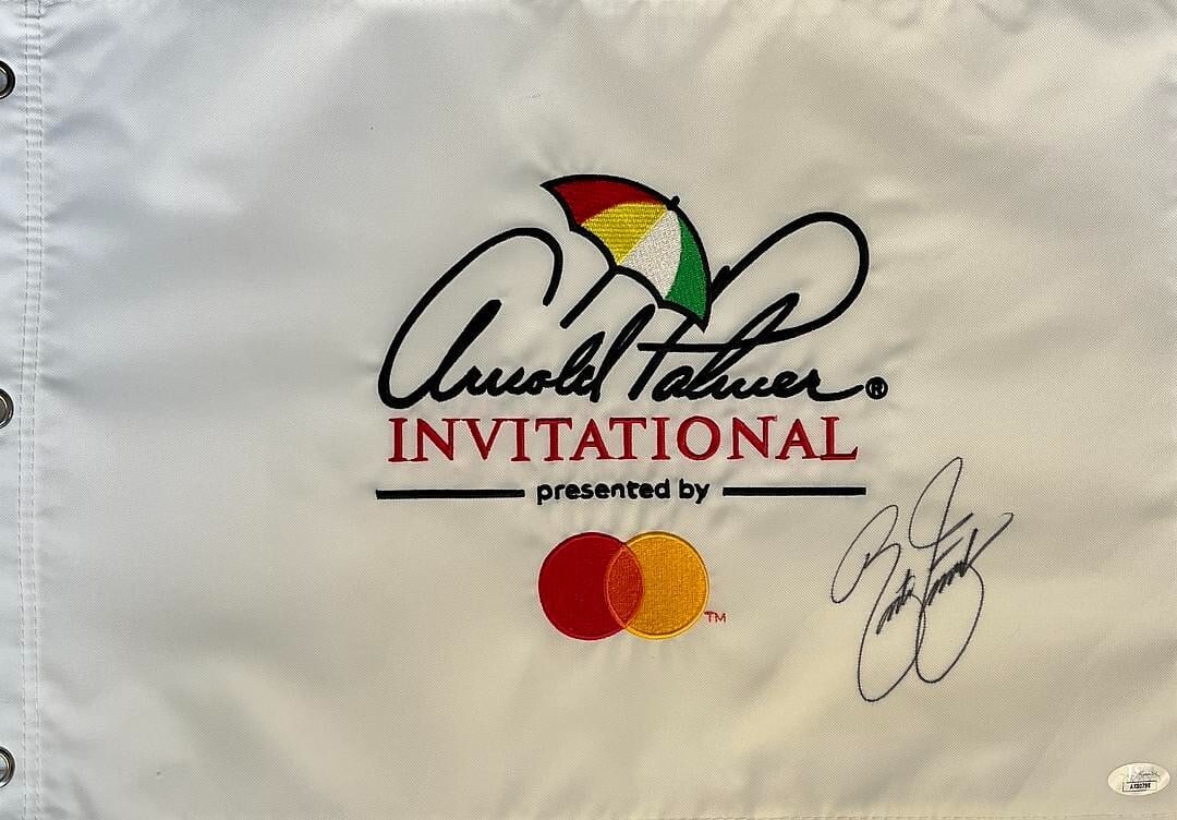 Rickie Fowler Signed Pin Flag Arnold Palmer Invitational JSA AK80798: Rickie Fowler Signed Pin Flag Arnold Palmer Invitational JSA AK80798 This is an official white pin flag from the Arnold Palmer Invitational, personally signed by professional golfer Rickie Fowler. The