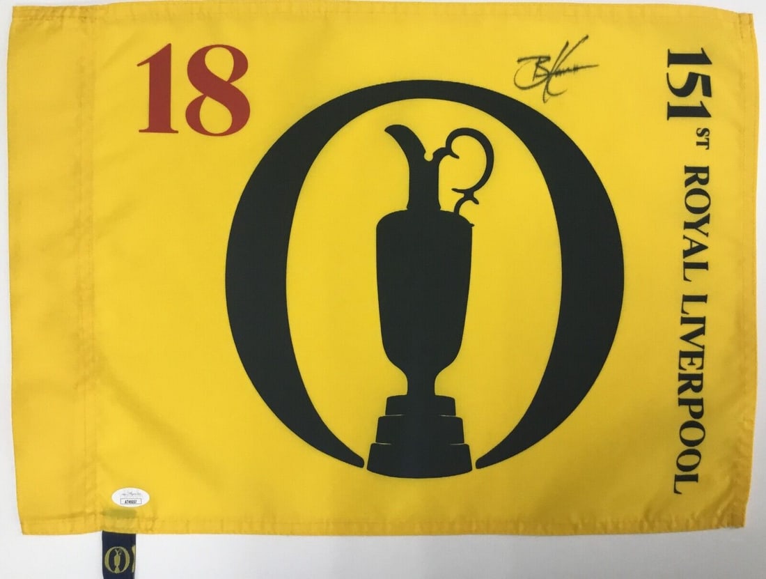 Brian Harman Signed #18 Flag The Open 151st Royal Liverpool JSA AT49257: Brian Harman Signed #18 Flag The Open 151st Royal Liverpool JSA AT49257 This original #18 pin flag from The Open 151st Royal Liverpool is signed by professional golfer Brian Harman, showcasing his aut