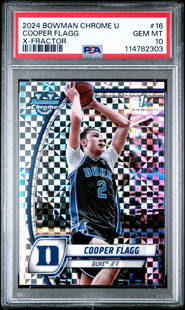 2024 Bowman Chrome Cooper Flagg #16 XFractor RC PSA 10 Basketball Card: 2024 Bowman Chrome Cooper Flagg #16 XFractor RC PSA 10 Basketball Card This is a graded 2024 Bowman Chrome #16 XFractor RC basketball card featuring Cooper Flagg, a standout player from the Duke Blue