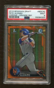 Pete Alonso 2016 Bowman Chrome Draft RC Orange Refractor /25 PSA 9 Mets: Pete Alonso 2016 Bowman Chrome Draft RC Orange Refractor /25 PSA 9 Mets This is an original 2016 Bowman Chrome Draft Pete Alonso rookie card, featuring the rare Orange Refractor variant, limited to ju