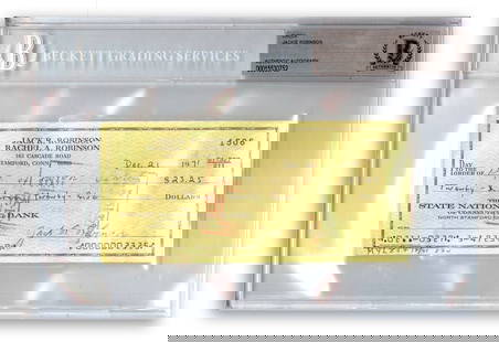 Jackie Robinson Autographed Bank Check 6 x 9 Beckett Authenticated: Jackie Robinson Autographed Bank Check 6 x 9 Beckett Authenticated This is an original autographed bank check signed by baseball legend Jackie Robinson, a pivotal figure in sports history and a member