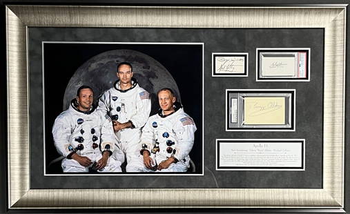 Apollo 11 Crew Signed Display by Armstrong Collins Aldrin 37 x 23 in Zarelli Authenticated: Apollo 11 Crew Signed Display by Armstrong Collins Aldrin 37 x 23 in Zarelli Authenticated This stunning custom framed display features authentic signatures from the Apollo 11 crew: Neil Armstrong, Mi