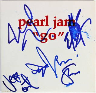 Pearl Jam Signed Go CD Cover with 5 Signatures BAS A85998: Pearl Jam Signed Go CD Cover with 5 Signatures BAS A85998 This autographed "Go" promotional sample CD cover with disc features the signatures of Eddie Vedder, Mike McCready, Jeff Ament, Stone Gossard,
