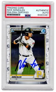 Nick Gonzales Autographed 2020 Topps Bowman Chrome RC Card PSA #BD-81: Nick Gonzales Autographed 2020 Topps Bowman Chrome RC Card PSA #BD-81 This is a Nick Gonzales autographed rookie card from the 2020 Topps Bowman Chrome series, featuring the Pittsburgh Pirates. The ca