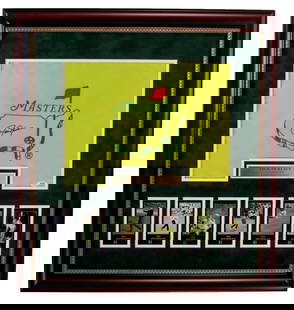 Jack Nicklaus Signed Masters Flag Framed Collage PSA/DNA 26x28: Jack Nicklaus Signed Masters Flag Framed Collage PSA/DNA 26x28 Celebrate golf history with this exceptional Jack Nicklaus Autographed Masters Pin Flag, beautifully displayed in a framed collage with t